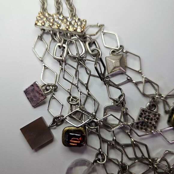 Vintage Chico's Multi-Strand Rhinestone Charm Chunky Silver Tone Necklace - Picture 8 of 9